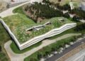 Una fábrica de café se camufla en un edificio geométrico con techo verde