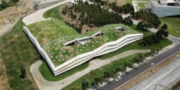 Una fábrica de café se camufla en un edificio geométrico con techo verde